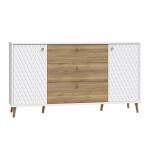 Opis Komoda z ryflowanymi frontami o szerokości 160 cm z kolekcji AKSANA to połączenie stylu i funkcjonalności. Wyposażona w 3 pojemne szuflady osadzone na prowadnicach z pełnym wysuwem oraz 2 szafki z wyjątkowymi frontami o wyraźnej strukturze. Wysokie nóżki dodają jej lekkości i ułatwiają utrzymanie porządku pod meblem. Wymiary: szerokość 159,2 cm, wysokość 87,8 cm, głębokość 41,3 cm Komoda wykonana w połączeniu dekorów: Biały / Dąb Mauvella Komfort użytkowania zapewnia system cichego domyku Wybrane elementy mebla zabezpiecza odporne na uszkodzenia obrzeże ABS Maksymalne obciążenie półki do 5 kg Maksymalne obciążenie szuflady do 5 kg Szczegóły produktu Informacje logistyczne Instrukcje montażu i karty bezpieczeństwa produktu Nowość Komoda 160 cm z ryflowanym frontem AKSANA amfk-03