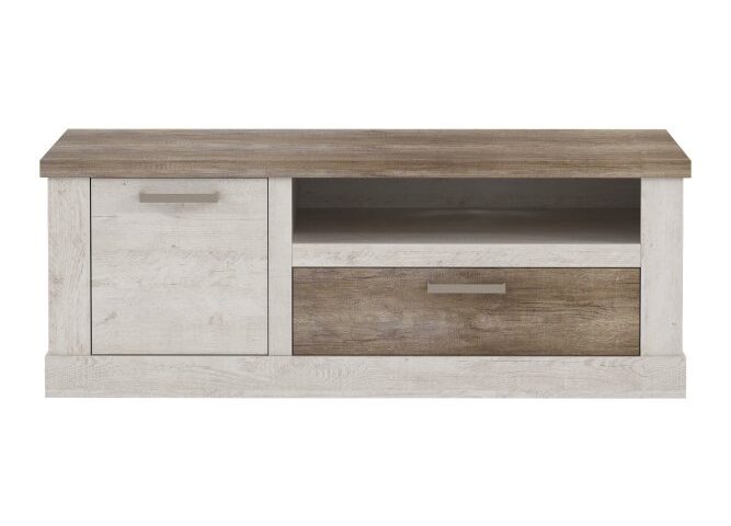 Opis Szafka RTV w kontrastujących dekorach imitujących naturalne usłojenie drewna, które ociepli wnętrze i nada mu dużo elegancji. Mebel świetnie sprawdzi się w każdej aranżacji salonu, ponieważ cechuje go uniwersalność. Dekor Dąb Antyczny i Pinia Biała wprowadzi do wnętrza przytulny i domowy nastrój Szafka RTV składa się z pojemnej szuflady, zamykanej szafki i otwartej półki, które ułatwią bezpieczne przechowywanie sprzętu RTV Metalowe uchwyty w kolorze nikiel mat podkreślają lekkość i świeżość mebla Blat szafki posłuży jako miejsce na ustawienie telewizora lub ulubionych dodatków Maksymalne obciążenie blatu do 40kg Mebel posiada nóżki z regulacją Szafka została wyposażona w odporne i wytrzymałe na uszkodzenia obrzeże ABS Do zestawu są dołączone elementy do montażu ściennego Szafka wykonana z wysokiej jakości płyty wiórowej Szczegóły produktu Informacje logistyczne Instrukcje montażu i karty bezpieczeństwa produktu Szafka RTV 140 cm DURO Pinia Biała/Dąb Antyczny Indeks: DURT221L-T75 DMFR-19 DAMIAN szafka RTV