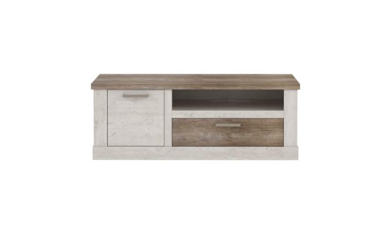 Opis Szafka RTV w kontrastujących dekorach imitujących naturalne usłojenie drewna, które ociepli wnętrze i nada mu dużo elegancji. Mebel świetnie sprawdzi się w każdej aranżacji salonu, ponieważ cechuje go uniwersalność. Dekor Dąb Antyczny i Pinia Biała wprowadzi do wnętrza przytulny i domowy nastrój Szafka RTV składa się z pojemnej szuflady, zamykanej szafki i otwartej półki, które ułatwią bezpieczne przechowywanie sprzętu RTV Metalowe uchwyty w kolorze nikiel mat podkreślają lekkość i świeżość mebla Blat szafki posłuży jako miejsce na ustawienie telewizora lub ulubionych dodatków Maksymalne obciążenie blatu do 40kg Mebel posiada nóżki z regulacją Szafka została wyposażona w odporne i wytrzymałe na uszkodzenia obrzeże ABS Do zestawu są dołączone elementy do montażu ściennego Szafka wykonana z wysokiej jakości płyty wiórowej Szczegóły produktu Informacje logistyczne Instrukcje montażu i karty bezpieczeństwa produktu Szafka RTV 140 cm DURO Pinia Biała/Dąb Antyczny Indeks: DURT221L-T75 DMFR-19 DAMIAN szafka RTV