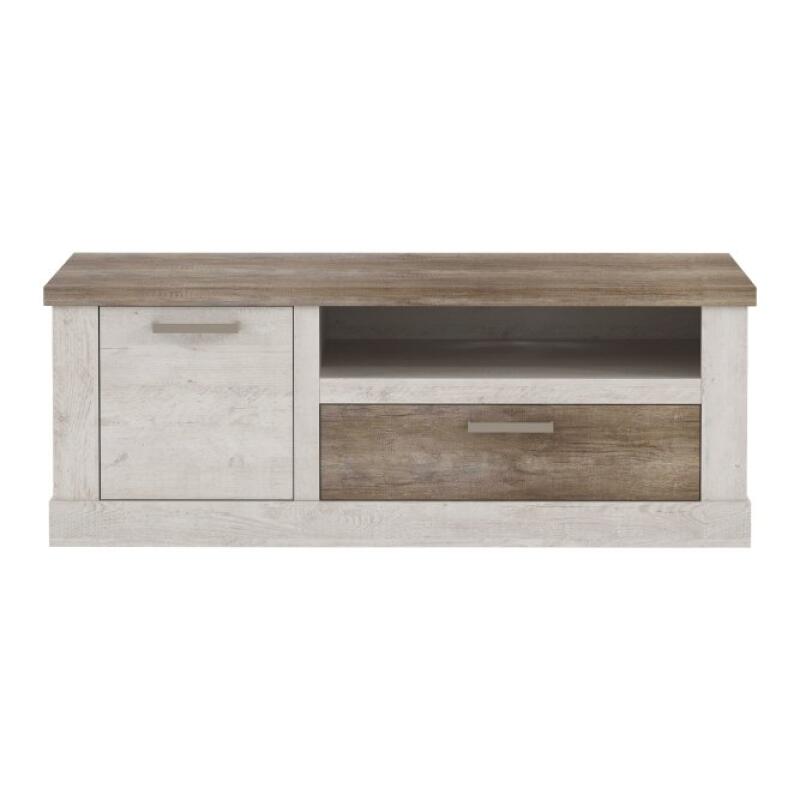 Opis Szafka RTV w kontrastujących dekorach imitujących naturalne usłojenie drewna, które ociepli wnętrze i nada mu dużo elegancji. Mebel świetnie sprawdzi się w każdej aranżacji salonu, ponieważ cechuje go uniwersalność. Dekor Dąb Antyczny i Pinia Biała wprowadzi do wnętrza przytulny i domowy nastrój Szafka RTV składa się z pojemnej szuflady, zamykanej szafki i otwartej półki, które ułatwią bezpieczne przechowywanie sprzętu RTV Metalowe uchwyty w kolorze nikiel mat podkreślają lekkość i świeżość mebla Blat szafki posłuży jako miejsce na ustawienie telewizora lub ulubionych dodatków Maksymalne obciążenie blatu do 40kg Mebel posiada nóżki z regulacją Szafka została wyposażona w odporne i wytrzymałe na uszkodzenia obrzeże ABS Do zestawu są dołączone elementy do montażu ściennego Szafka wykonana z wysokiej jakości płyty wiórowej Szczegóły produktu Informacje logistyczne Instrukcje montażu i karty bezpieczeństwa produktu Szafka RTV 140 cm DURO Pinia Biała/Dąb Antyczny Indeks: DURT221L-T75 DMFR-19 DAMIAN szafka RTV