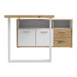 Opis Biurko z kolekcji KEFLAVIK ze zintegrowaną komodą to idealny wybór, jeżeli chcesz umeblować pokój młodzieżowy lub domowe biuro. Wyposażone w wygodny blat o szerokości 160 cm, tworzy miejsce do pracy i nauki. 2 szuflady, szafka oraz 2 wnęki otwarte w zintegrowanej komodzie umożliwiają przechowywanie najważniejszych rzeczy w pobliżu miejsca pracy. Mebel polecany jest zwłaszcza do pomieszczeń, w których dominuje styl skandynawski. Wymiary zestawu: szerokość 181 cm x wysokość 74,1 cm x głębokość 124,2 cm Wymiary blatu: szerokość 160 cm x głębokość 75 cm Mebel wykonany w dekorze Biały / Dąb Artisan Wybrane elementy biurka zabezpiecza odporne na uszkodzenia obrzeże ABS Maksymalne obciążenie szuflad do 3 kg Maksymalne obciążenie blatu biurka do 40 kg Blat biurka osadzony na solidnych, metalowych nogach Szczegóły produktu Informacje logistyczne Instrukcje montażu i karty bezpieczeństwa produktu Biurko 160x75 cm z komodą KEFLAVIK Biały /Dąb Artisan Indeks: KFLB141-C881 KLFB-14 KLAUDIA biurko dąb Artisan