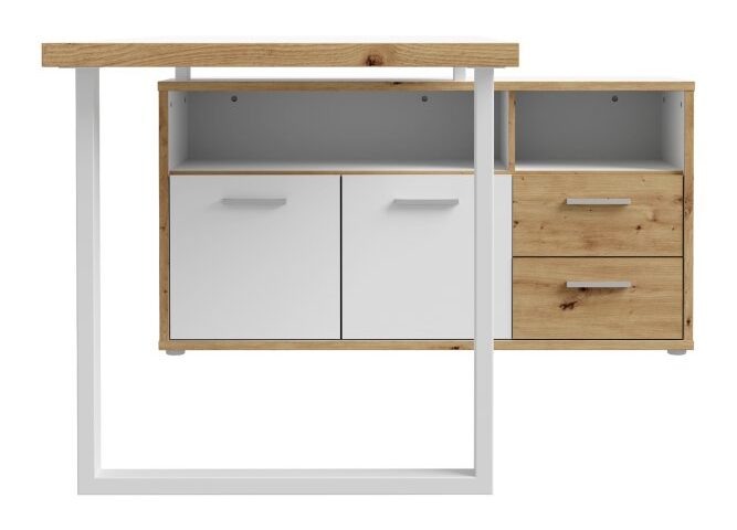 Opis Biurko z kolekcji KEFLAVIK ze zintegrowaną komodą to idealny wybór, jeżeli chcesz umeblować pokój młodzieżowy lub domowe biuro. Wyposażone w wygodny blat o szerokości 160 cm, tworzy miejsce do pracy i nauki. 2 szuflady, szafka oraz 2 wnęki otwarte w zintegrowanej komodzie umożliwiają przechowywanie najważniejszych rzeczy w pobliżu miejsca pracy. Mebel polecany jest zwłaszcza do pomieszczeń, w których dominuje styl skandynawski. Wymiary zestawu: szerokość 181 cm x wysokość 74,1 cm x głębokość 124,2 cm Wymiary blatu: szerokość 160 cm x głębokość 75 cm Mebel wykonany w dekorze Biały / Dąb Artisan Wybrane elementy biurka zabezpiecza odporne na uszkodzenia obrzeże ABS Maksymalne obciążenie szuflad do 3 kg Maksymalne obciążenie blatu biurka do 40 kg Blat biurka osadzony na solidnych, metalowych nogach Szczegóły produktu Informacje logistyczne Instrukcje montażu i karty bezpieczeństwa produktu Biurko 160x75 cm z komodą KEFLAVIK Biały /Dąb Artisan Indeks: KFLB141-C881 KLFB-14 KLAUDIA biurko dąb Artisan