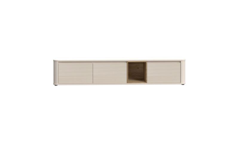 Opis Szafka RTV o szerokości 215 cm to doskonały wybór do nowoczesnych wnętrz. Ryflowane fronty i modny kolor podkreślają elegancki design, a mechanizm cichego domyku zapewnia komfort użytkowania. Dopasuj mebel do swoich potrzeb i zdecyduj o jego finalnym wyglądzie! Zamontuj szafkę RTV BREATHTAKER na ścianie, postaw na podłodze lub dokup dedykowane wysokie nóżki - masz aż 3 możliwości modyfikacji designu mebla. Wprowadź do swojego salonu praktyczną szafkę RTV, idealnie wpisującą się w najnowsze trendy aranżacyjne! Wymiary: szerokość 215 cm, wysokość 41,5 cm, głębokość 41,3 cm Szafka RTV dedykowana dla telewizorów o maksymalnej przekątnej ekranu do 97 cali Szafka RTV wykonana w połączeniu dekorów: Dąb Mauvella / Piaskowy Drzwi zamykają się niemal bezgłośnie dzięki zastosowaniu systemu cichego domyku Wybrane elementy mebla zabezpieczono odpornym na uszkodzenia obrzeżem ABS Komodę pod telewizor możesz dodatkowo uzupełnić o oświetlenie LED Standardowe elementy do montażu ściennego dołączone w zestawie (pasujące do wersji szafki RTV na nóżkach lub stojącej). Aby uzyskać wiszącą wersję szafki RTV (zamontowaną na ścianie) należy dokupić dedykowane uchwyty Szczegóły produktu Informacje logistyczne Instrukcje montażu i karty bezpieczeństwa produktu Szafka RTV P Indeks: BTHTH141-M846 BGFR-03 BOGDAN szafka RTV dąb Mauvella / Piaskowy