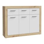 Opis Komoda BACCIO podkreśli unikatowy charakter wnętrza, a jednocześnie zapewni odpowiednią przestrzeń do przechowywania. Szuflady (3), półki (2) i zamykane szafki (3) pomogą Ci pomieścić mnóstwo przedmiotów, jak bielizna, drobna garderoba, dokumenty i różnego rodzaju akcesoria. Blat będzie doskonałym miejscem na wyeksponowanie zdjęć, ozdobnych świeczników, ceramiki, pamiątek z wakacji oraz innych ulubionych dekoracji. Komoda z innymi meblami kolekcji BACCIO stworzą spójną aranżację wnętrza takiego jak Małe meble. Funkcjonalna komoda o wymiarach: szerokość 117,9 cm x wysokość 91,5 cm x głębokość 34 cm, z wieloma opcjami przechowywania rzeczy Kolor Dąb Artisan dopełni stylistykę pomieszczenia Wysokiej jakości płyta meblowa zapewnia trwałość użytkowania Maksymalne obciążenie blatu do 20 kg Maksymalne obciążenie półek do 5 kg Maksymalne obciążenie szuflad do 3 kg Nóżki typu ślizgacz chronią podłogę przed zarysowaniami Stabilność mebla gwarantuje montaż do ściany (komplet okuć w zestawie) Szczegóły produktu Informacje logistyczne Instrukcje montażu i karty bezpieczeństwa produktu Komoda Indeks: BCCK231-C804 BRFK-05 BARTEK komoda dąb Artisan