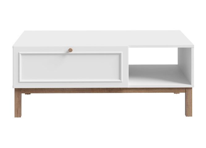 Opis Stolik kawowy z kolekcji PENKRIDGE dopełni aranżację Twojego salonu. Prostokątny, praktyczny blat to dobre miejsce do serwowania przekąsek i napojów. We wnęce pod blatem możesz przechowywać wszystkie niezbędne rzeczy w zasięgu ręki, takie jak: pilot do telewizora, książki, czasopisma lub podkładki pod naczynia. Natomiast drobiazgi ukryjesz w szufladzie zamontowanej na prowadnicach z pełnym wysuwem. Stolik kawowy PENKRIDGE ustaw w towarzystwie innych mebli z kolekcji, aby stworzyć spójną i funkcjonalną aranżację pokoju dziennego. Wymiary: szerokość 110 cm, głębokość 60 cm, wysokość 43,8 cm Stolik wykonany w dekorze: Secret Grey / Dąb Szlachetny Komfort i bezpieczeństwo użytkowania zapewniają stabilne nogi Stylowym akcentem jest ramka na froncie szuflady Szczegóły produktu Informacje logistyczne Instrukcje montażu i karty bezpieczeństwa produktu Stolik kawowy z szufladą i sztukaterią 110x60 cm PENKRIDGE Secret Grey/Dąb Szlachetny Indeks: CFTT5175L-M848 PAFS-10 PAWEŁ stolik