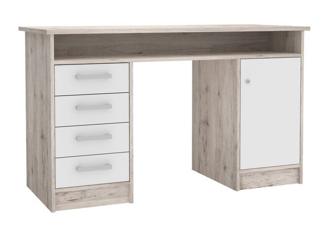 Biurko 125x55 cm z 4 szufladami i zamykaną szafką na klucz Biały/Dąb Piaskowy Indeks: MT931-T19 nofb-06