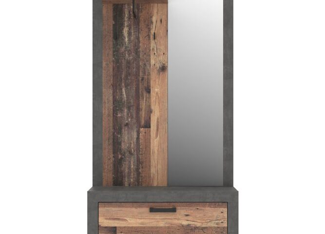 zumba Opis Zestaw przedpokojowy ZUMBA składa się z szafki na buty, panelu z wieszakiem, półką i lustrem, czyli posiada wszystko to, czego potrzebujesz w przedpokoju. Ten mebel to doskonałe rozwiązanie, które zapewni wszystko co potrzeba, nawet w niewielkim pomieszczeniu. Mebel posiada wymiary: 93,3 cm szerokości, 190,9 cm wysokości oraz 33,8 cm głębokości Uchwyty wykonane są z tworzywa Zestaw zawiera jedną górną półkę, wieszak na ubrania, długie lustro oraz skrzynię w której znajduje się szuflada z trzema wnękami Maksymalne obciążenie blatu skrzyni wynosi 20 kg Maksymalne obciążenie górnej półki wynosi 5 kg Montaż do ściany wymagany (okucia w zestawie) Zestaw wykonany jest w oryginalnym dekorze Old- Wood Vintage, który idealnie imituje naturalne usłojenie drewna Szczegóły produktu Informacje logistyczne Instrukcje montażu i karty bezpieczeństwa produktu Przedpokój Indeks: ZMBD04-C764 ZEFP-06 ZENEK przedpokój