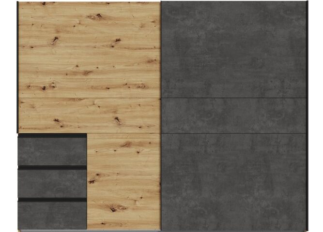 Opis Bardzo pojemna 2-drzwiowa szafa przesuwna w niebanalnym zestawieniu kolorystycznym dedykowana jest do nowoczesnych oraz industrialnych wnętrz. Ciekawym rozwiązaniem jest nieregularny kształt drzwi szafy, który nadaje jej oryginalności i umożliwia łatwiejszy dostęp do wbudowanych szuflad. Mebel idealnie sprawdzi się w sypialni, garderobie oraz przedpokoju. Szafa zapewnia możliwość różnorodnej organizacji ubrań - dzięki wbudowanym szufladom, półkom oraz 2 drążkom ubraniowym każdy element garderoby będzie miał swoje miejsce. Wymiary: szerokość 249 cm, wysokość 200,5 cm, głębokość 61 cm Szafa wykonana w połączeniu dekorów: Dąb Artisan / Beton Ciemnoszary Bezpieczeństwo użytkowania mebla zapewnia montaż do ściany (okucia w zestawie) Szczegóły produktu Informacje logistyczne Instrukcje montażu i karty bezpieczeństwa produktu Szafa przesuwna 250 cm z szufladami WINN 2 Dąb Artisan/Beton Indeks: W2QS52331-C752 WOFS-06 WIOLA szafa dąb Artisan