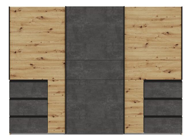 Opis Ta 3-drzwiowa szafa sprawi, że sypialnia zyska wyróżniający element aranżacji i funkcjonalny mebel. Praktyczne wnętrze szafy, wyposażone w 6 szuflad, 3 drążki na wieszaki oraz 3 półki, zagwarantuje wygodę w przechowywaniu ubrań, pościeli i innych rzeczy osobistych. Dolną część szafy możesz zagospodarować na walizki, bagaż Przestronna szafa o wymiarach: szerokość 269,7 cm x wysokość 200,5 cm x głębokość 61 cm Kolor Dąb Artisan podkreśla charakter mebla Maksymalne obciążenie półek do 15 kg Maksymalne obciążenie drążka do 25 kg Maksymalne obciążenie szuflad do 5 kg Szafa dobrze komponuje się z innymi meblami z kolekcji WINN 2 Montaż do ściany wymagany (okucia w zestawie) Szczegóły produktu Informacje logistyczne Instrukcje montażu i karty bezpieczeństwa produktu Szafa przesuwna 270 cm z szufladami WINN 2 Dąb Artisan/Beton Indeks: W2QS13331-C752 WOFS-03 WIOLA szafa dąb Artisan