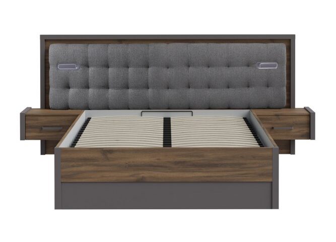 Łóżko z pojemnikiem, oświetleniem i szafkami nocnymi 140x200 cm PEMBURY Dąb Justus/Grafit Indeks: DLCL5142B-M778 PUFŁ-06 PAULINA stelaż łóżka + szafki nocne