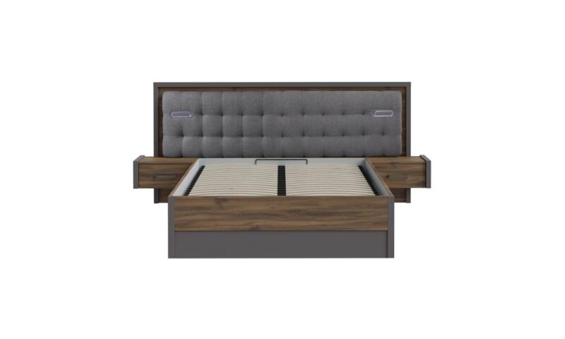 Łóżko z pojemnikiem, oświetleniem i szafkami nocnymi 140x200 cm PEMBURY Dąb Justus/Grafit Indeks: DLCL5142B-M778 PUFŁ-06 PAULINA stelaż łóżka + szafki nocne