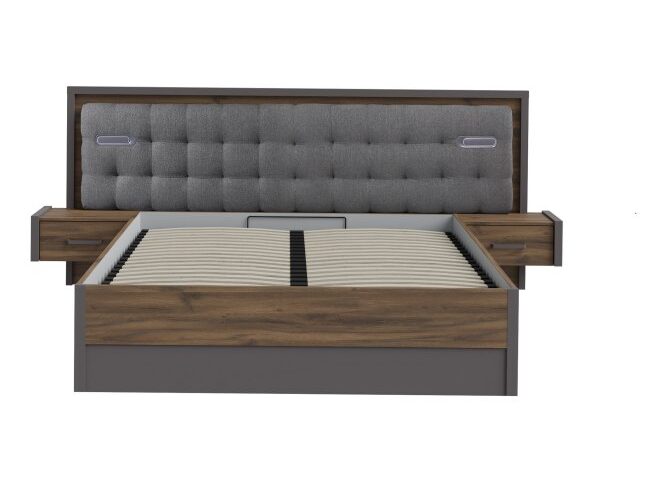 Łóżko z pojemnikiem, oświetleniem i szafkami nocnymi 160x200 cm PEMBURY Dąb Justus/Grafit Indeks: DLCL5162B-M778 PUFŁ-07 PAULINA stelaż łóżka + szafki nocne