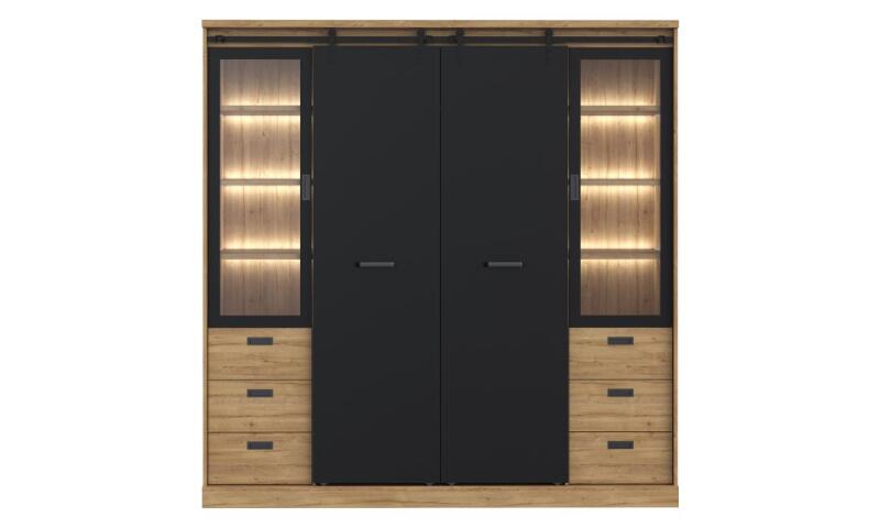 Szafa przesuwna 200 cm z szufladami i oświetleniem KASZIMIRO Dąb Waterford/Czarny Indeks: KZMS9411B-M328 KOFS-16 KONRAD szafa