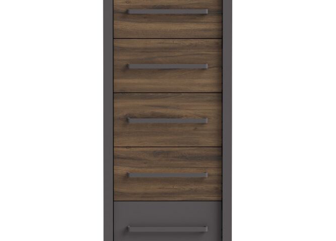 Opis Komoda z kolekcji PEMBURY podkreśli unikatowy charakter wnętrza, a jednocześnie zapewni odpowiednią przestrzeń do przechowywania. 5 szuflad pomoże Ci pomieścić mnóstwo przedmiotów, jak bielizna, drobna garderoba, dokumenty i różnego rodzaju akcesoria. Blat będzie doskonałym miejscem na wyeksponowanie zdjęć, ozdobnych świeczników, ceramiki, pamiątek z wakacji oraz innych ulubionych dekoracji. Komoda z innymi meblami kolekcji PEMBURY stworzą spójną aranżację wnętrza Twojej sypialni. Mebel o wymiarach: szerokość 47,6 cm x wysokość 119,2 cm x głębokość 52,7 cm Komoda wykonana w efektownym połączeniu dekorów: Dąb Justus / Uni Wolfram Szary Maksymalne obciążenie szuflad do 3 kg Maksymalne obciążenie blatu do 20 kg Stabilność mebla zapewnia montaż do ściany (komplet okuć w zestawie) Szczegóły produktu Informacje logistyczne Instrukcje montażu i karty bezpieczeństwa produktu Komoda Indeks: DLCK217-M777 PUFK-02 PAULINA komoda