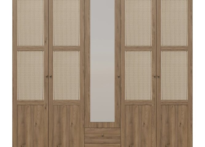 Szafa z lustrem i szufladami 220 cm GLENKEEN Dąb Valencia/Rattan naturalny Indeks: GLKS952-Q249 GWFS-01 GAWEŁ szafa