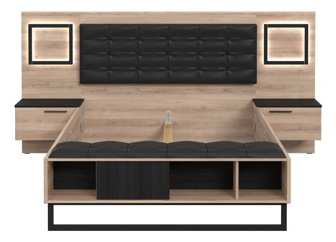 Opis Łóżko w stylu nowoczesnym w kolorze Śliwy Comano i Dębu Czarnego będzie pięknie prezentować się w każdej sypialni. Posiada dwie szafki nocne i wbudowane oświetlenie. Posiada dwie szuflady na prowadnicach kulkowych i trzy otwarte wnęki Maksymalne obciążenie szuflad do 3 kg Uchwyty z tworzywa w kolorze czarnym Materiał tapicerki: ekoskóra w kolorze czarnym Maksymalne obciążenie łóżka do 250 kg Wymagany wkład sprężynujący do łóżka o wymiarach 190 x 140 cm Szczegóły produktu Informacje logistyczne Instrukcje montażu i karty bezpieczeństwa produktu Łóżko z oświetleniem i szafkami nocnymi 140x190 cm SIRIUS CROWN Śliwa Comano/Dąb Czarny Indeks: SRCL1141B-C866 SNFŁ-10 SANDRA stelaż łóżka + szafki nocne