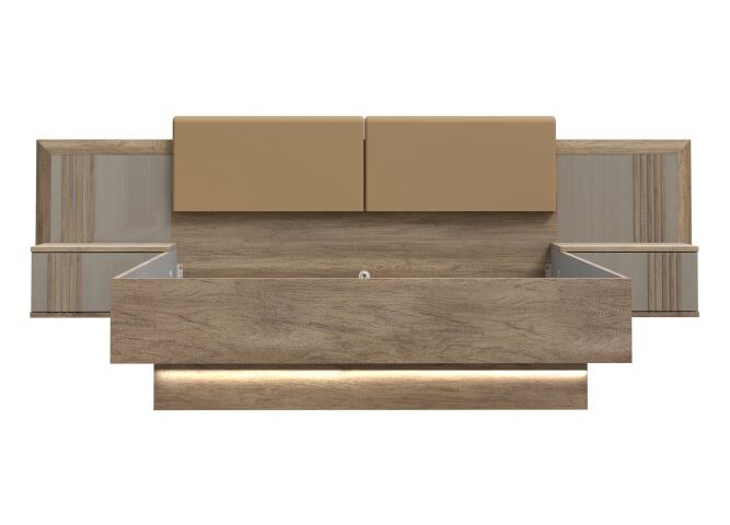 Opis Łóżko z szafkami nocnymi SAVONA doskonale wkomponuje się w aranżację sypialni. Powierzchnia spania o wymiarach 160x200 cm tworzy komfortowe miejsce na wieczorny relaks oraz spokojny sen. Mebel w dekorze Dąb antyczny / Beżowy wysoki połysk możesz zestawić z innymi elementami kolekcji. Wymiary: szerokość 160 cm, wysokość 97,5 cm, głębokość 200 cm Do łóżka dokup materac o wymiarach: 160x200 cm Łóżko zawiera oświetlenie w standardzie Elementy tapicerowane z brązowej ekoskóry Szczegóły produktu Informacje logistyczne Instrukcje montażu i karty bezpieczeństwa produktu Łóżko z oświetleniem i szafkami nocnymi 160x200 cm SAVONA Dąb Antyczny/Beżowy Indeks: SVNL1162B-M758 SFFŁ-02 SERAFINA stelaż łóżka + szafki nocne