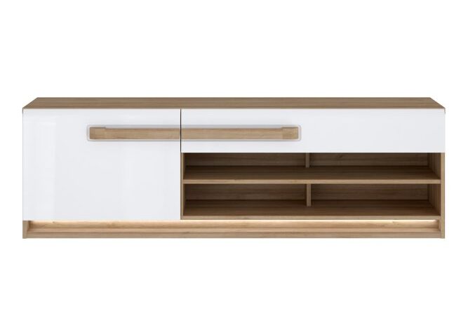 Opis Szafka RTV z kolekcji ATTENTION będzie podstawą strefy rozrywki w Twoim salonie. Na blacie możesz ustawić telewizor o wielkości do 70 cali. 1 szafka, 1 szuflada i wnęki otwarte pomogą w komfortowym przechowywaniu sprzętu RTV. Natomiast otwory w tylnej ścianie szafki umożliwią łatwą organizację kabli. Wymiary: szerokość 159,9 cm, wysokość 50 cm, głębokość 41,5 cm Szafka RTV wykonana w połączeniu dekorów: Dąb Riviera / Biały Połysk Szafka RTV zawiera oświetlenie w standardzie o barwie białej zimnej Maksymalne obciążenie blatu do 40 kg Maksymalne obciążenie szuflady do 3 kg Szuflada osadzona na prowadnicach Quadro Szczegóły produktu Informacje logistyczne Instrukcje montażu i karty bezpieczeństwa produktu Szafka RTV z oświetleniem 160 cm ATTENTION Dąb Riviera/Biały Indeks: ATNT122LB-M743 ANFR-11 ANITA szafka RTV