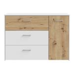 Opis Komoda z kolekcji CULGOA to bardzo uniwersalny mebel, który sprawdzi się w wielu pomieszczeniach. Posiada 3 szuflady i 1 zamykaną szafkę, które zapewniają dużo miejsca na przechowywanie różnych przedmiotów, takich jak ubrania, książki czy akcesoria. Dzięki temu, można utrzymać porządek w pokoju młodzieżowym, sypialni, czy przedpokoju, a jednocześnie mieć wszystko pod ręką. Drewniany dekor nadaje komodzie przytulny charakter, a biała kolorystyka sprawia, że pasuje do różnych aranżacji wnętrz. To mebel, który nie tylko spełnia swoje praktyczne funkcje, ale również stanowi stylową dekorację pokoju. Komoda w efektowym połączeniu dekorów: Dąb Artisan / Biały Mebel o wymiarach: szerokość 113,1 cm x wysokość 80,2 cm x głębokość 41,5 cm Komoda polecana zwłaszcza do wnętrz urządzonych w stylu skandynawskim Szczegóły produktu Informacje logistyczne Instrukcje montażu i karty bezpieczeństwa produktu Komoda Indeks: CUGK221R-C853 CYFK-02 CYPRIAN komoda