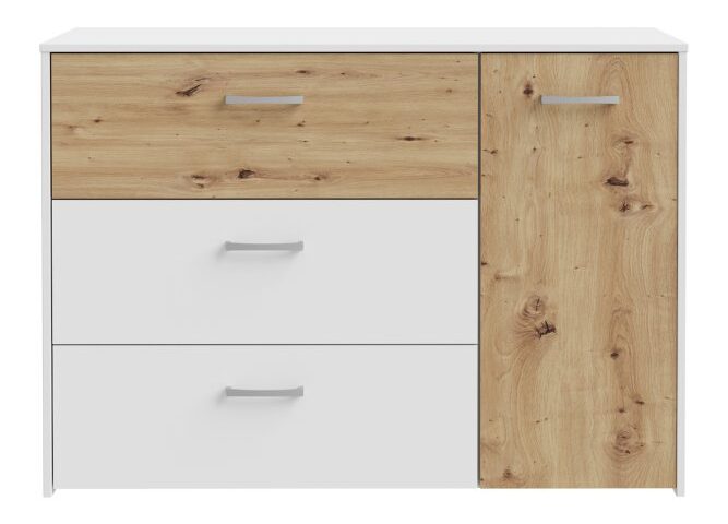 Opis Komoda z kolekcji CULGOA to bardzo uniwersalny mebel, który sprawdzi się w wielu pomieszczeniach. Posiada 3 szuflady i 1 zamykaną szafkę, które zapewniają dużo miejsca na przechowywanie różnych przedmiotów, takich jak ubrania, książki czy akcesoria. Dzięki temu, można utrzymać porządek w pokoju młodzieżowym, sypialni, czy przedpokoju, a jednocześnie mieć wszystko pod ręką. Drewniany dekor nadaje komodzie przytulny charakter, a biała kolorystyka sprawia, że pasuje do różnych aranżacji wnętrz. To mebel, który nie tylko spełnia swoje praktyczne funkcje, ale również stanowi stylową dekorację pokoju. Komoda w efektowym połączeniu dekorów: Dąb Artisan / Biały Mebel o wymiarach: szerokość 113,1 cm x wysokość 80,2 cm x głębokość 41,5 cm Komoda polecana zwłaszcza do wnętrz urządzonych w stylu skandynawskim Szczegóły produktu Informacje logistyczne Instrukcje montażu i karty bezpieczeństwa produktu Komoda Indeks: CUGK221R-C853 CYFK-02 CYPRIAN komoda