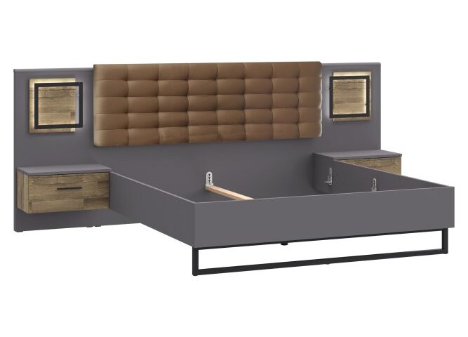 Opis Łóżko w stylu nowoczesnym wykonane w połączeniu dekorów - Dębu Klepkowego i Uni Wolfram Szary będzie pięknie prezentować się w każdej sypialni. Posiada dwie szafki nocne i wbudowane oświetlenie, które nada niezwykły klimat wnętrzu. Maksymalne obciążenie łóżka do 250 kg Wymagany wkład sprężynujący do łóżka Materiał tapicerki: ekoskóra w kolorze brązowym Uchwyty z tworzywa w kolorze czarnym Posiada trzy szuflady umieszczone na prowadnicy kulkowej Oświetlenie w standardzie Możliwość regulacji materaca Szczegóły produktu Informacje logistyczne Instrukcje montażu i karty bezpieczeństwa produktu Łóżko z oświetleniem i szafkami nocnymi 180x200 cm SIRIUS BLACK Dąb Klepkowy/Grafit Indeks: SRBL1184B-C778 SNFŁ-02 SANDRA stelaż łóżka+ szafki nocne