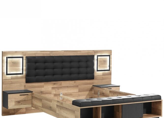 Łóżko z oświetleniem i szafkami nocnymi 160x200 cm SIRIUS CROWN Dąb Klepkowy/Dąb Czarny Indeks: SRCL1161B-C795 SNFŁ-04 SANDRA stelaż łóżka + szafki nocne