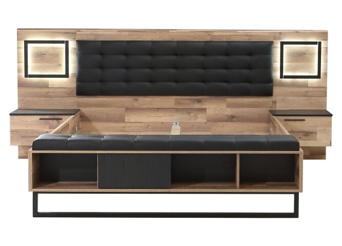 Łóżko z oświetleniem i szafkami nocnymi 180x200 cm SIRIUS CROWN Dąb Klepkowy/Dąb Czarny Indeks: SRCL1181B-C795 SNFŁ-05 SANDRA stelaż łóżka + szafki nocne