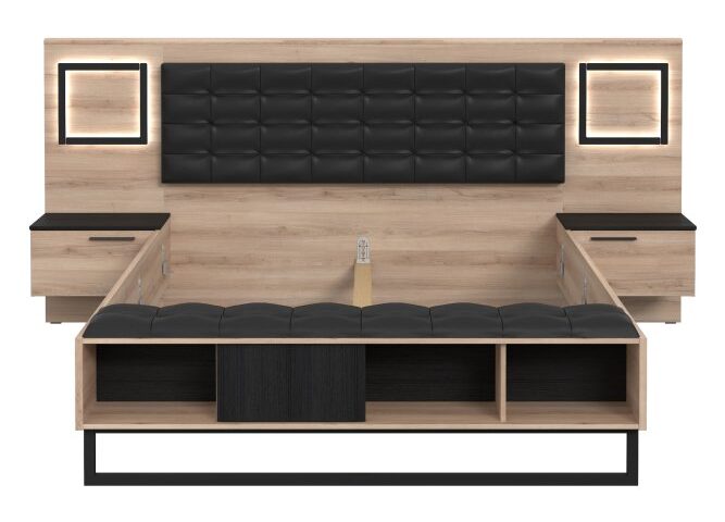 Łóżko z oświetleniem i szafkami nocnymi 160x200 cm SIRIUS CROWN Śliwa Comano/Dąb Czarny Indeks: SRCL1161B-C866 SNFŁ-11 SANDRA stelaż łóżka + szafki nocne